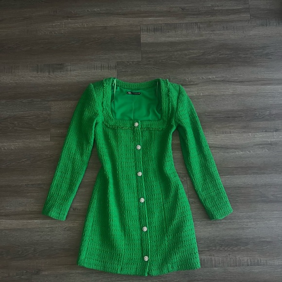Green Zara Tweed Embellished Long Sleeve Mini Dress - Picture 5 of 5